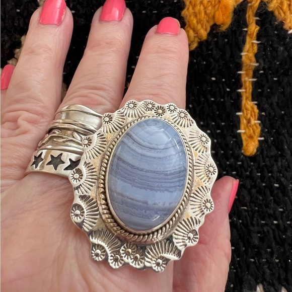 Blue Lace Agate Jewelry - ❤️ Blue Lace Agate 925 Southwestern Navajo Statement 19.5Gm Ring Sz 10 1.52”L